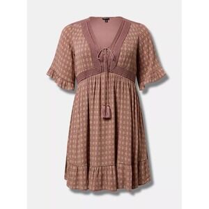 Torrid Dress Sz 4 Mini Washable Gauze Lace Up Tiered Edina Geos Rose Taupe